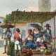 Colorful image of market stand from early colonial period, looks like ink and watercolor
