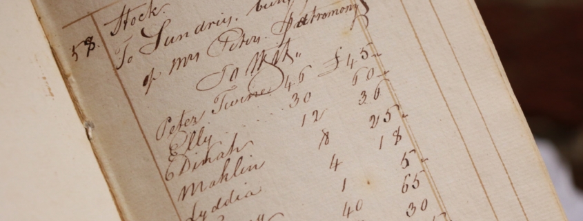 Snapshot of an old ledger from the 1800s titled, Stock, with a list of human names and their cost.