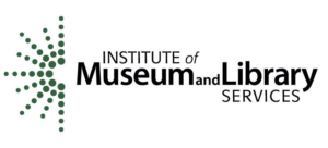 Logo of Institute of Museum & Library Sciences lettering is black in horizontal line with an exploding ray of sunshine to the left made from dots in green