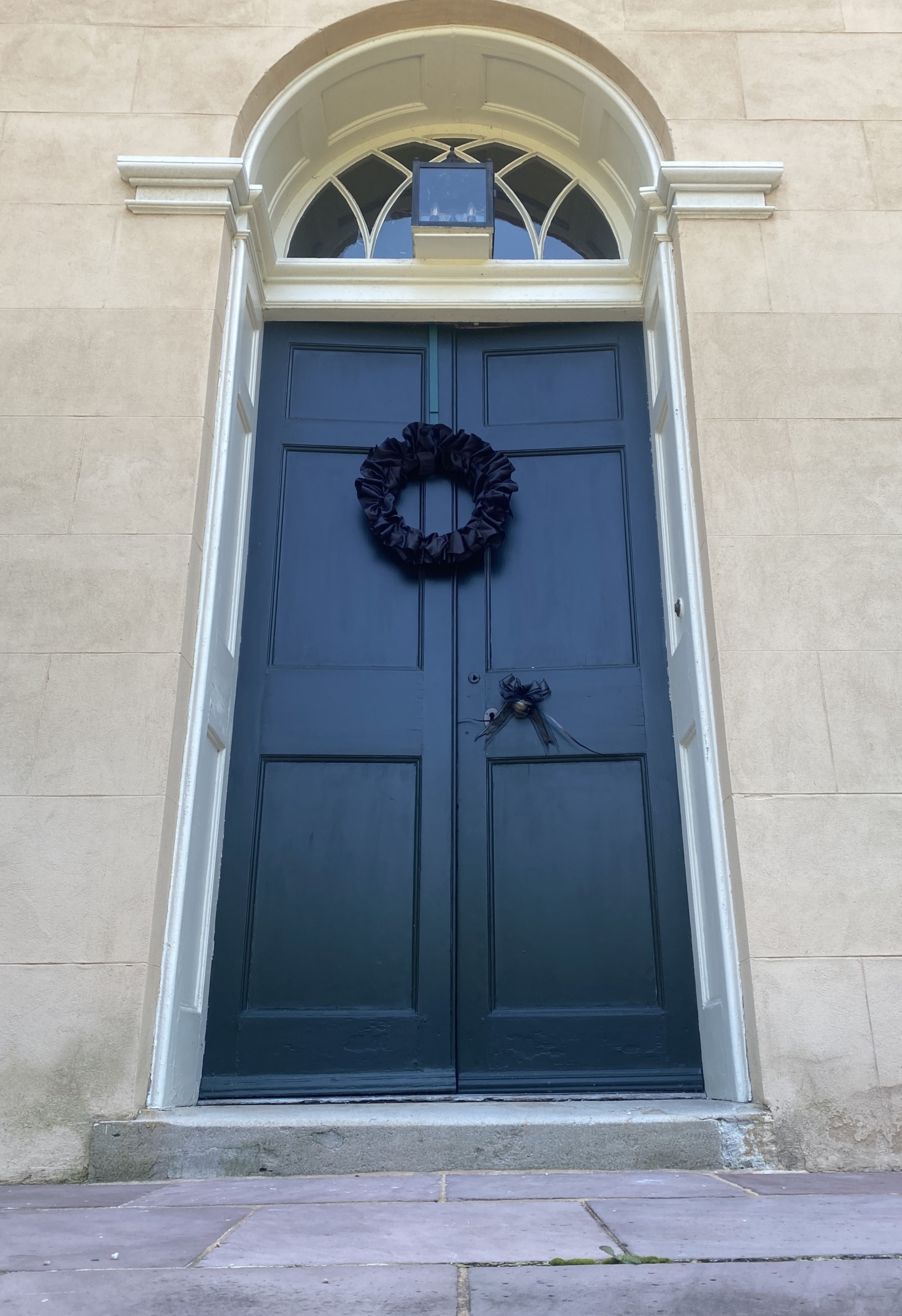Black wreath on door - a 19th century Victorian tradition to indicate a family was in mourning