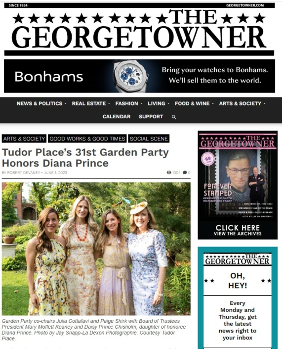 The Georgetowner cover photo of annual garden party co-chairs, the Board President and Daisy Prince (the honoree's daughter) in the garden