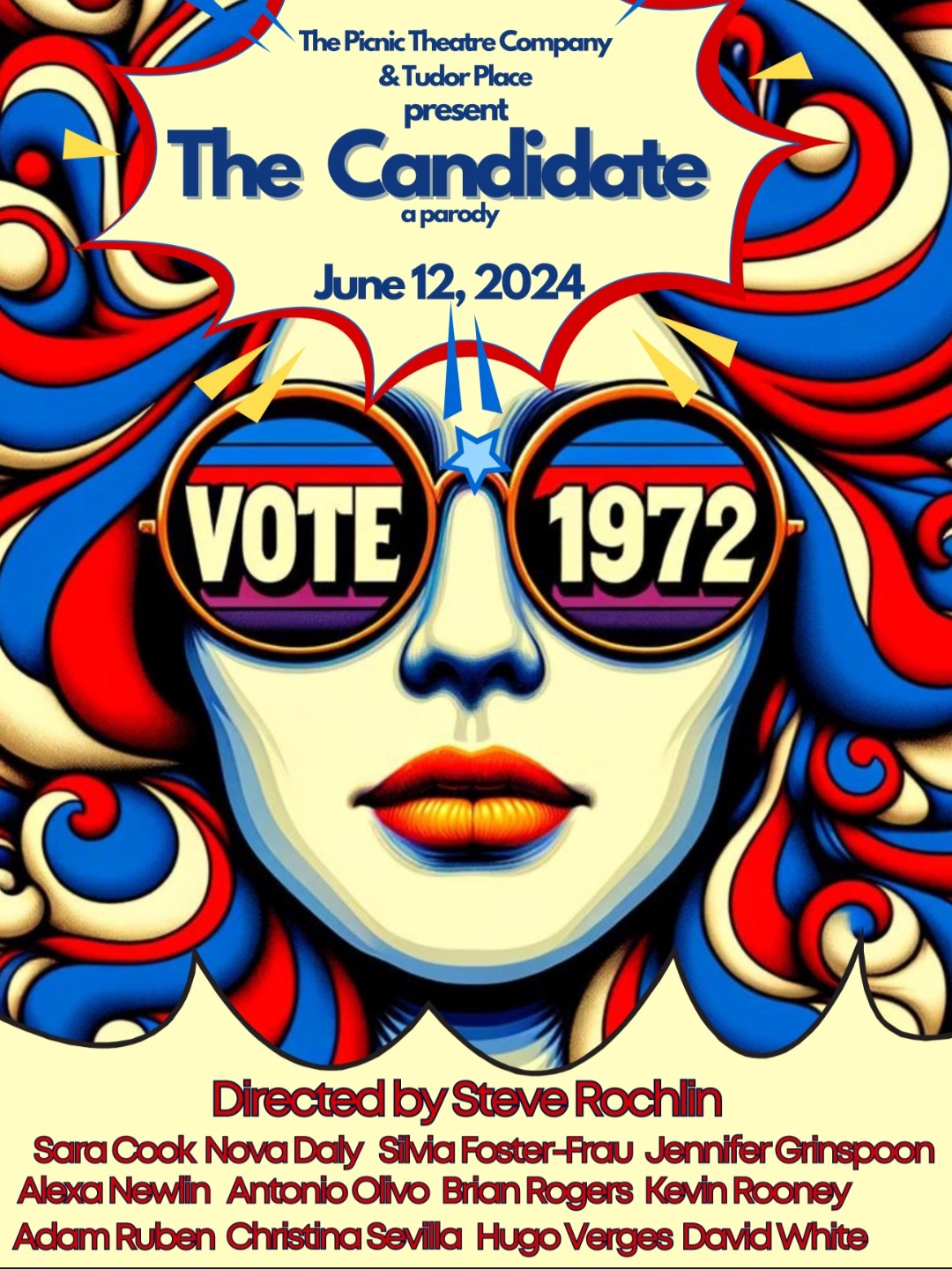 Funky woman's face with swirling hair and sun glasses that say vote on left side and 1972 on right side