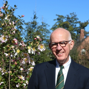 Photo of Tom Birch in front of blooming camellia bush with pink flowers