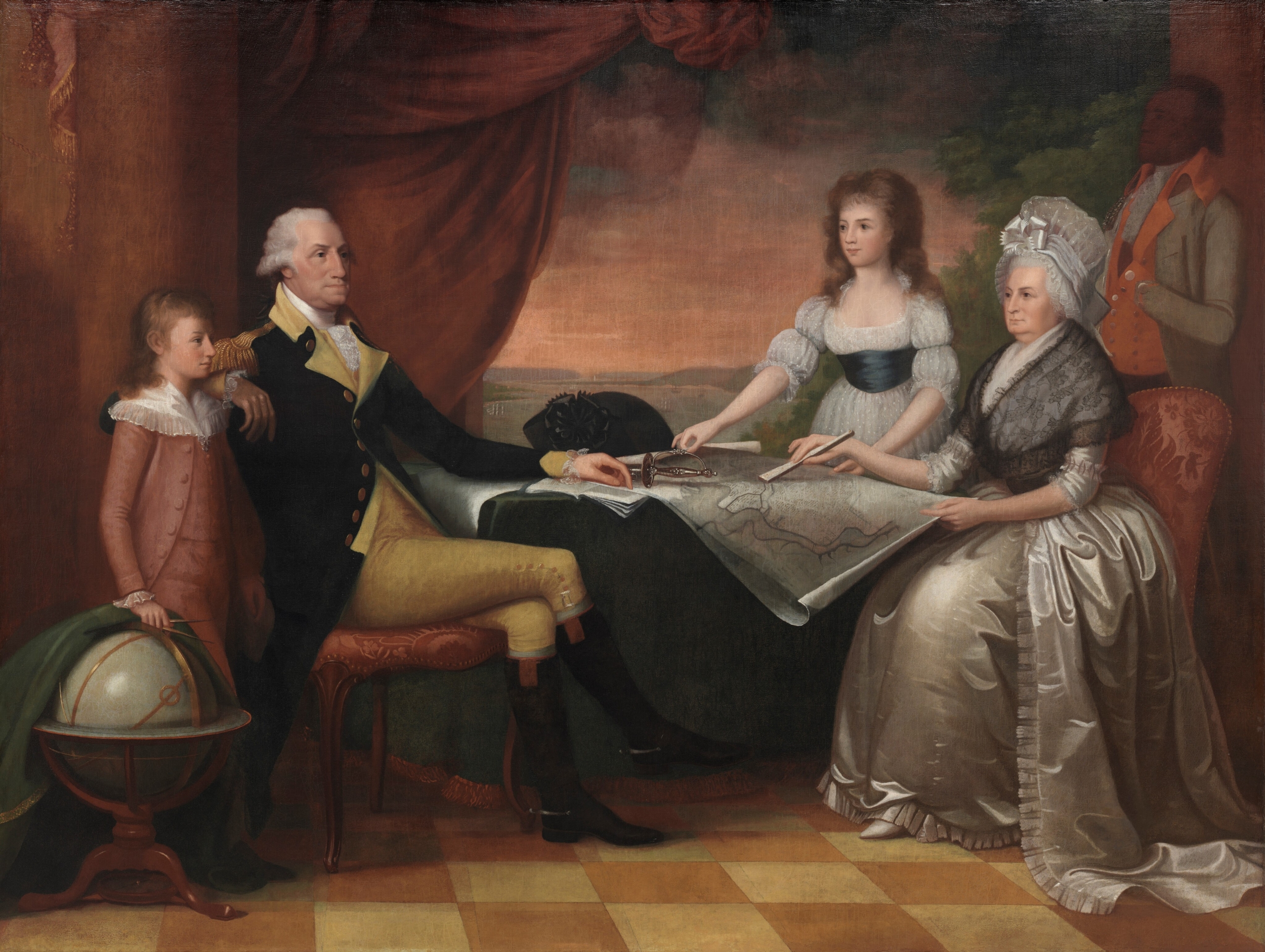 Jack, George Washington, Patsy, Martha Washington sitting at table